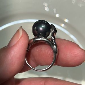 Vintage Silver Snake Swallowing Black Pearl  Ring Sz 6.5 EUC